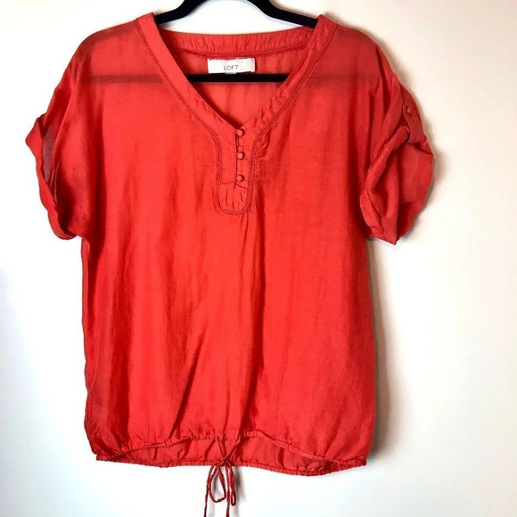 LOFT Red Orange Tie Front Silk Blend Blouse Small - Picture 1 of 5